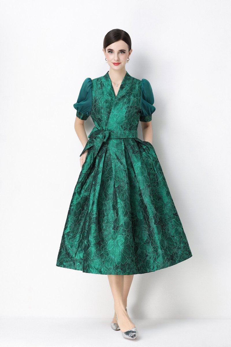 Women's Elegant Floral Jacquard Puff Sleeve Midi Dress with Bow Belt-4
