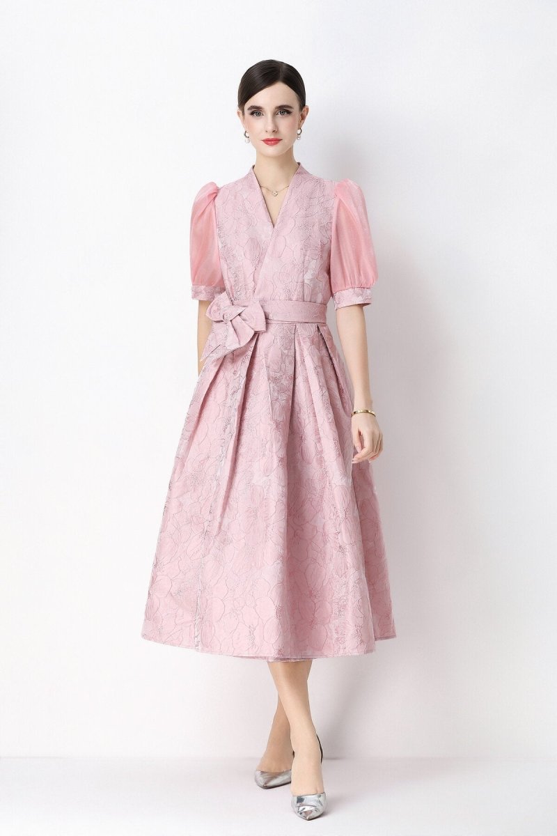 Women's Elegant Floral Jacquard Puff Sleeve Midi Dress with Bow Belt-5