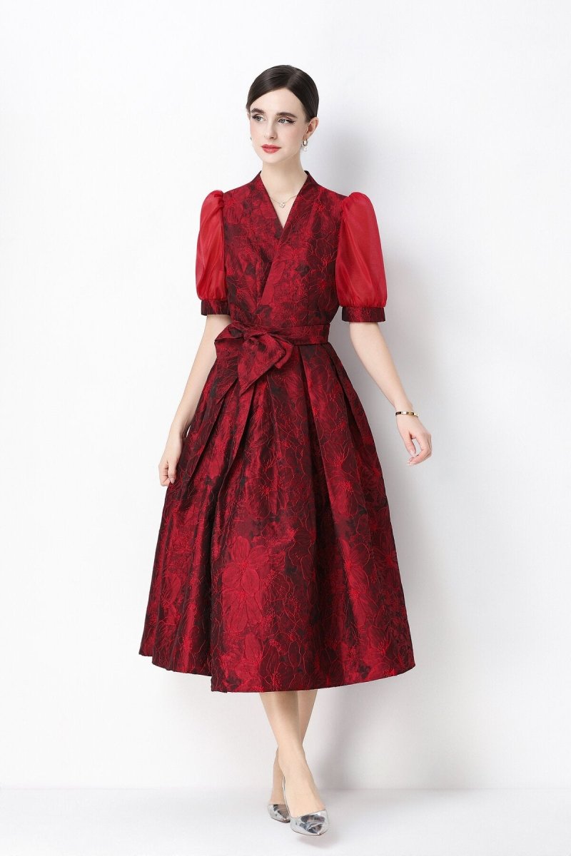 Women's Elegant Floral Jacquard Puff Sleeve Midi Dress with Bow Belt-6