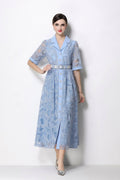 Women's Elegant Lace Shirt Midi Dress with Belted Waist-0