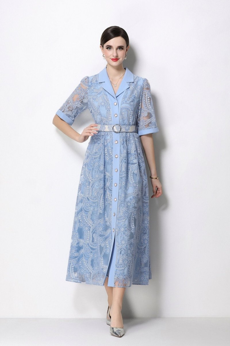 Women's Elegant Lace Shirt Midi Dress with Belted Waist-0