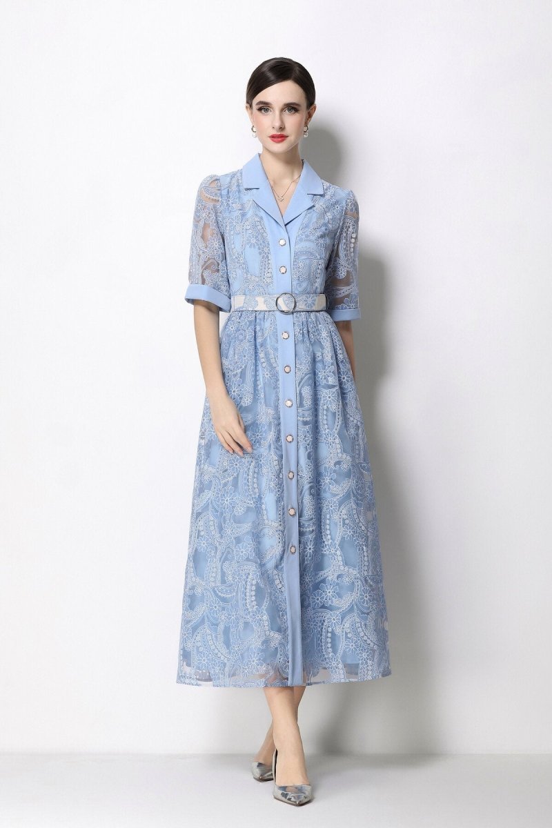 Women's Elegant Lace Shirt Midi Dress with Belted Waist-1