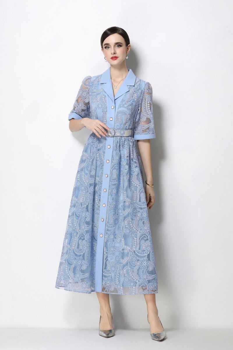 Women's Elegant Lace Shirt Midi Dress with Belted Waist-2