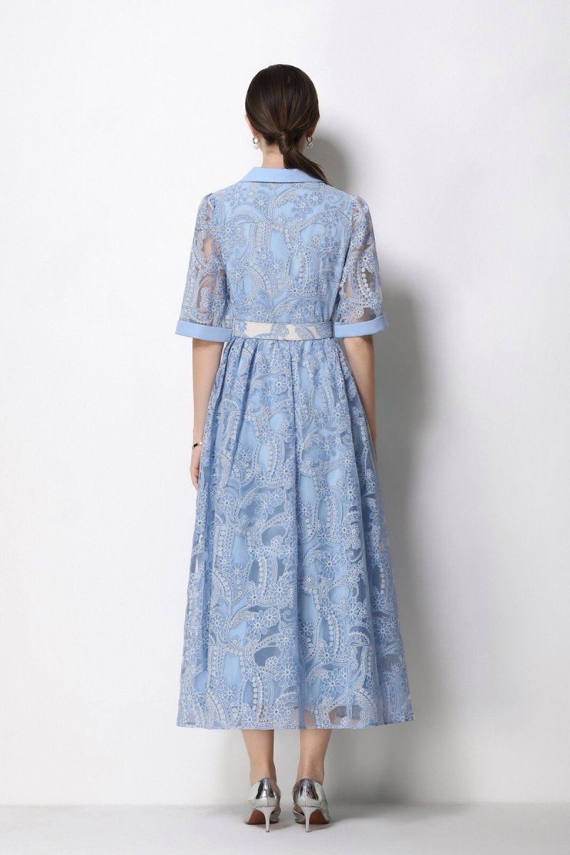Women's Elegant Lace Shirt Midi Dress with Belted Waist-3