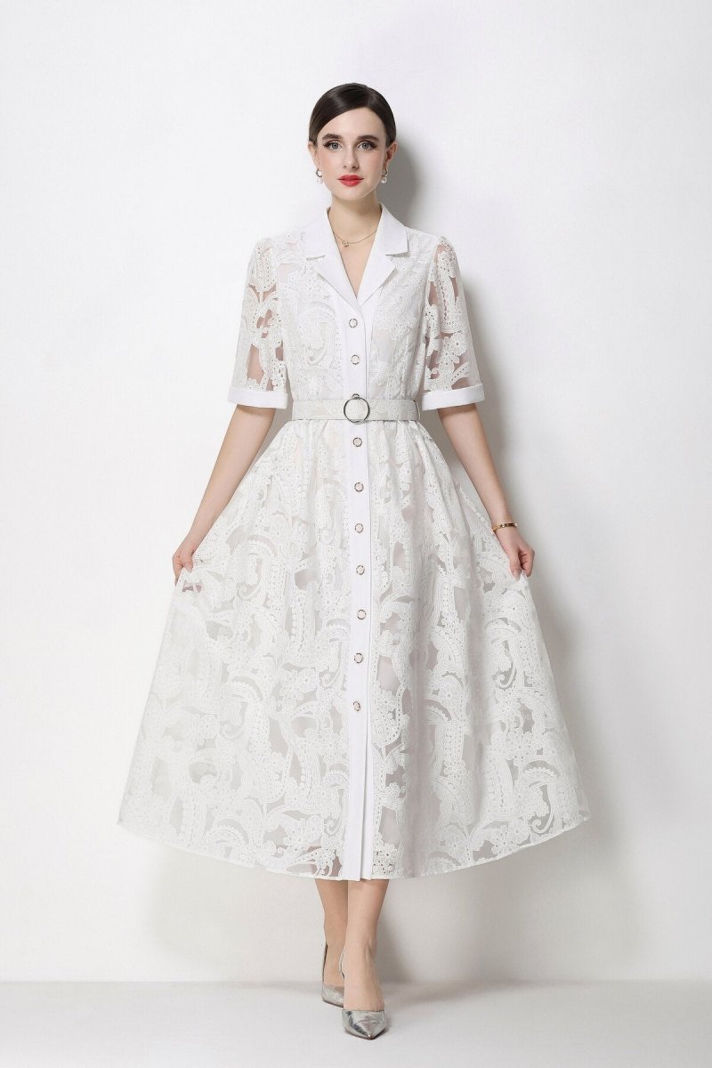 Women's Elegant Lace Shirt Midi Dress with Belted Waist-4