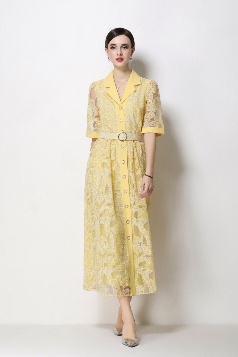 Women's Elegant Lace Shirt Midi Dress with Belted Waist-5