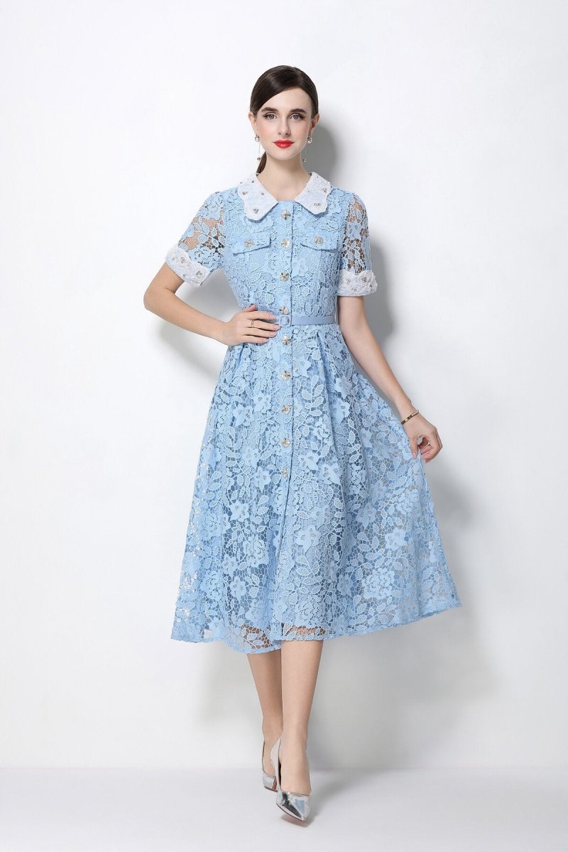 Women's Lace Midi Dress with Peter Pan Collar and Belted Waist-0