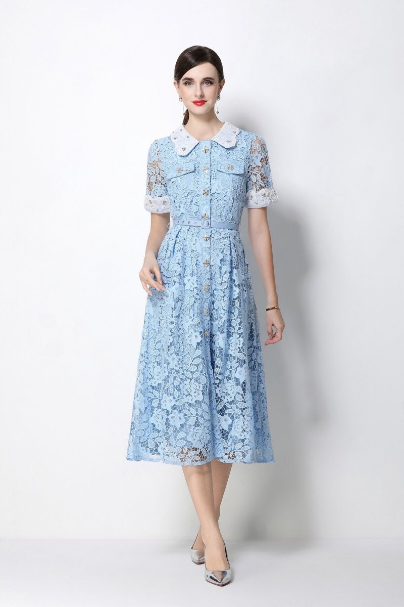 Women's Lace Midi Dress with Peter Pan Collar and Belted Waist-1