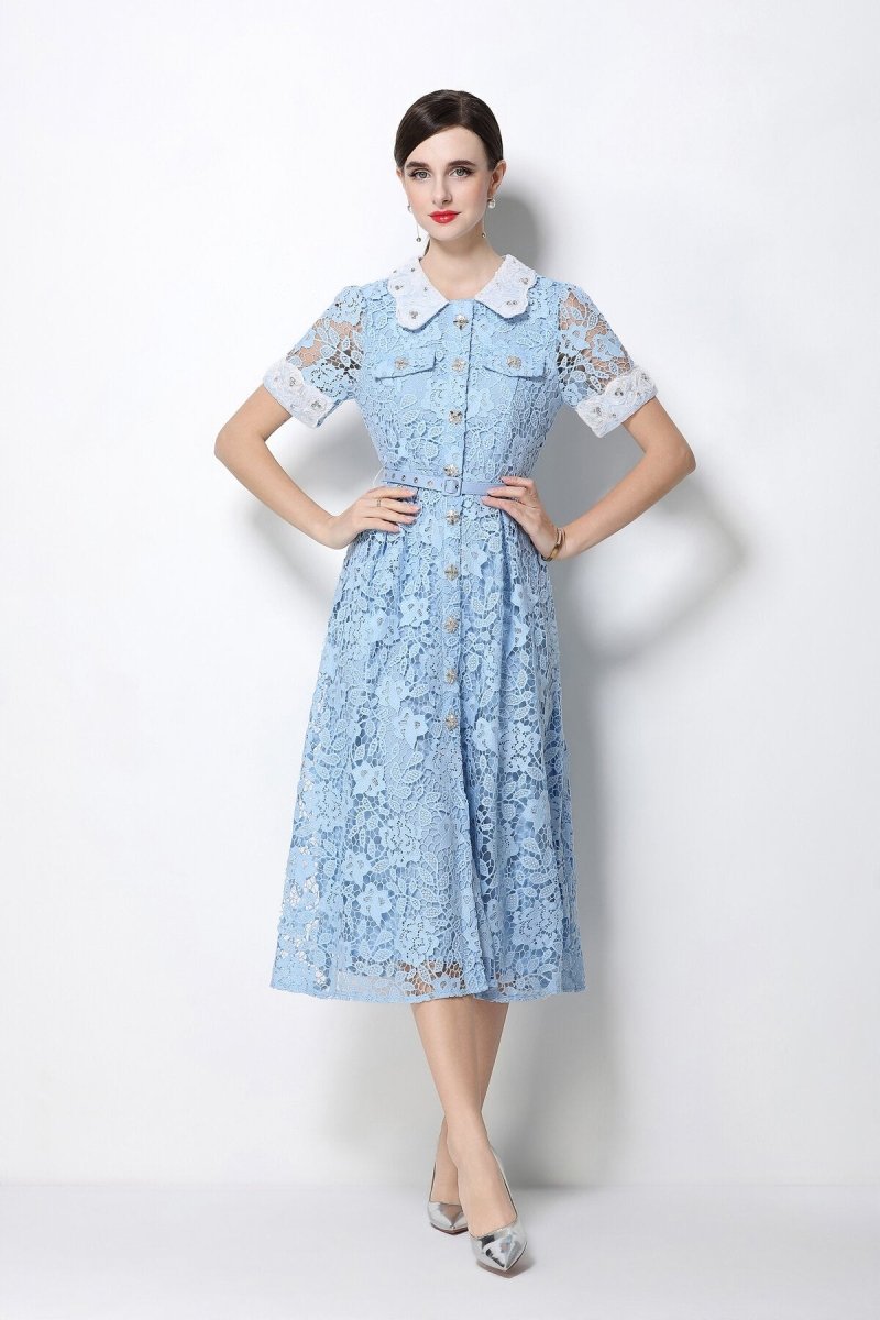 Women's Lace Midi Dress with Peter Pan Collar and Belted Waist-2