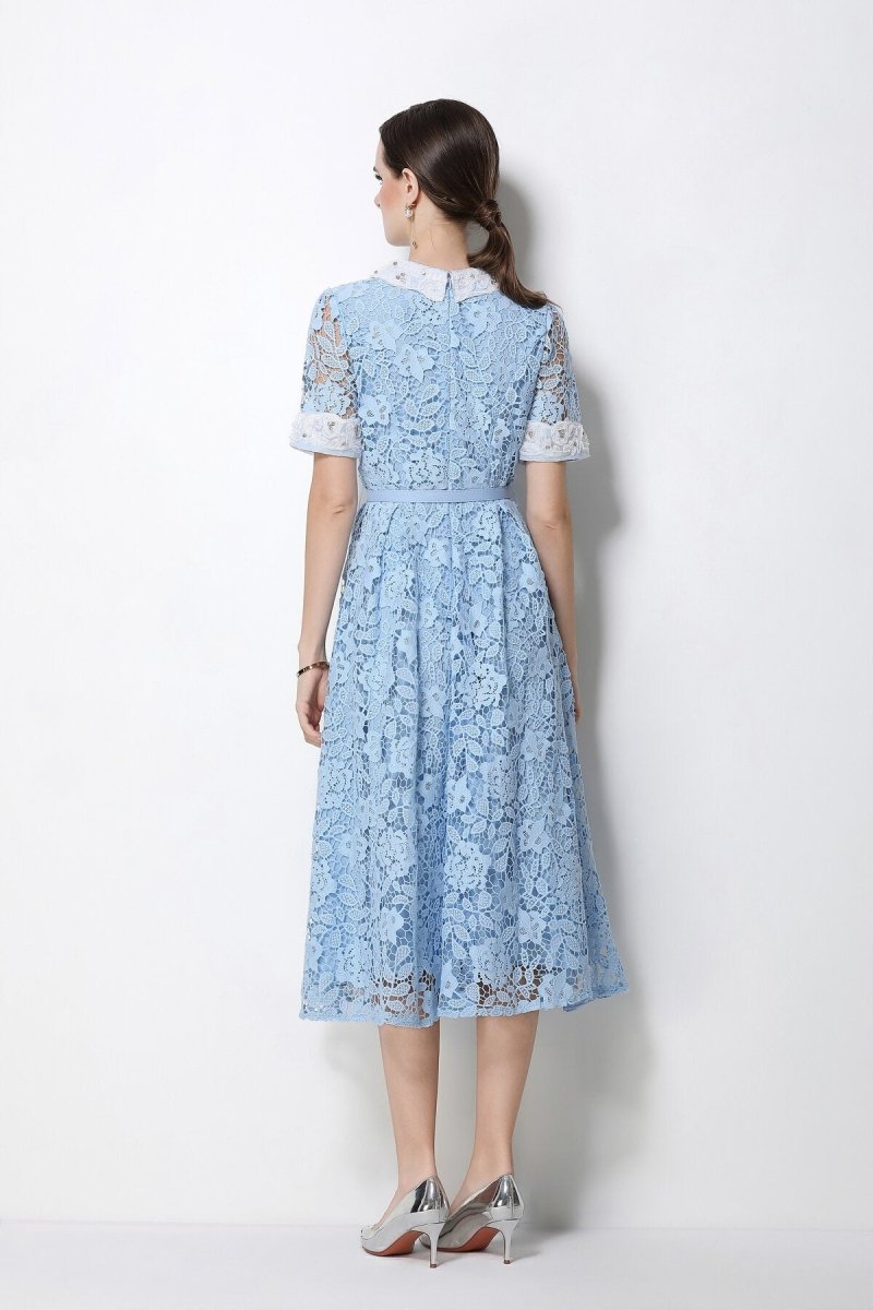 Women's Lace Midi Dress with Peter Pan Collar and Belted Waist-3
