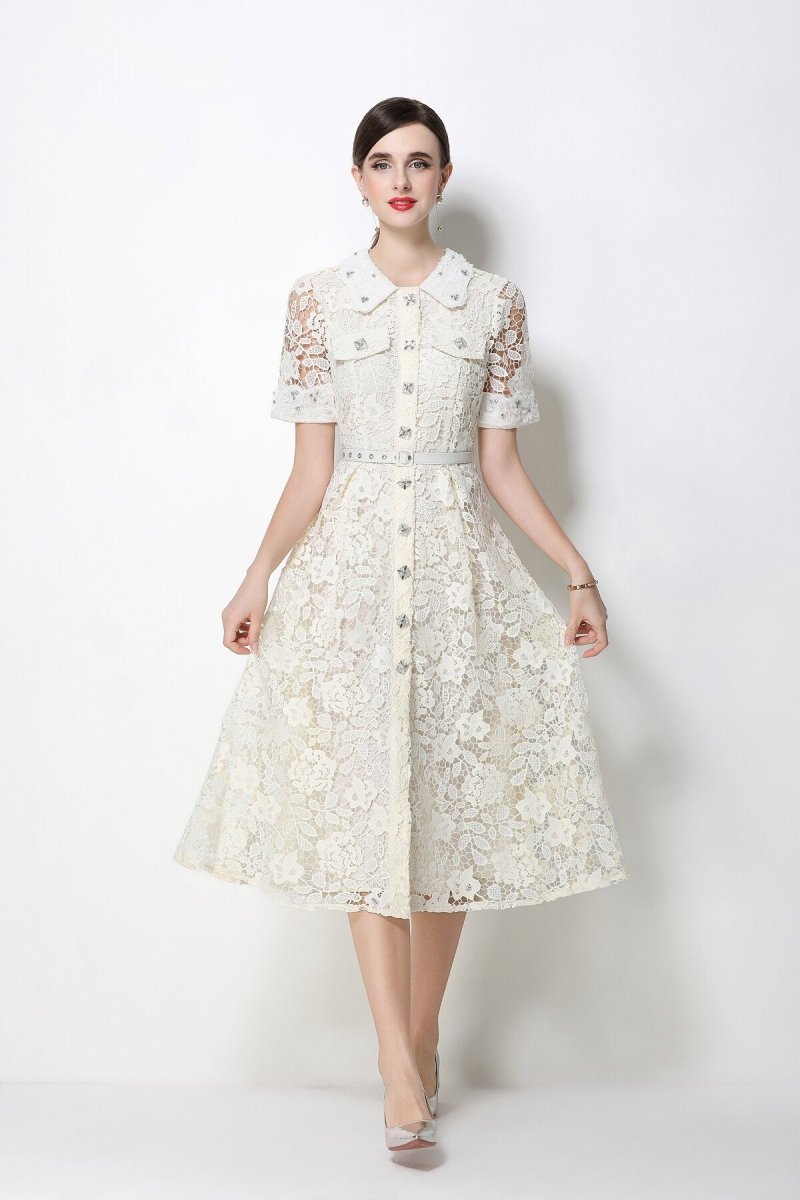 Women's Lace Midi Dress with Peter Pan Collar and Belted Waist-4