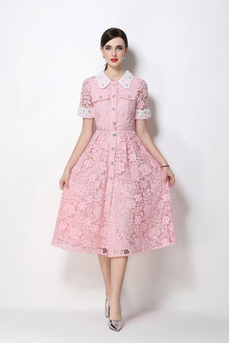 Women's Lace Midi Dress with Peter Pan Collar and Belted Waist-5