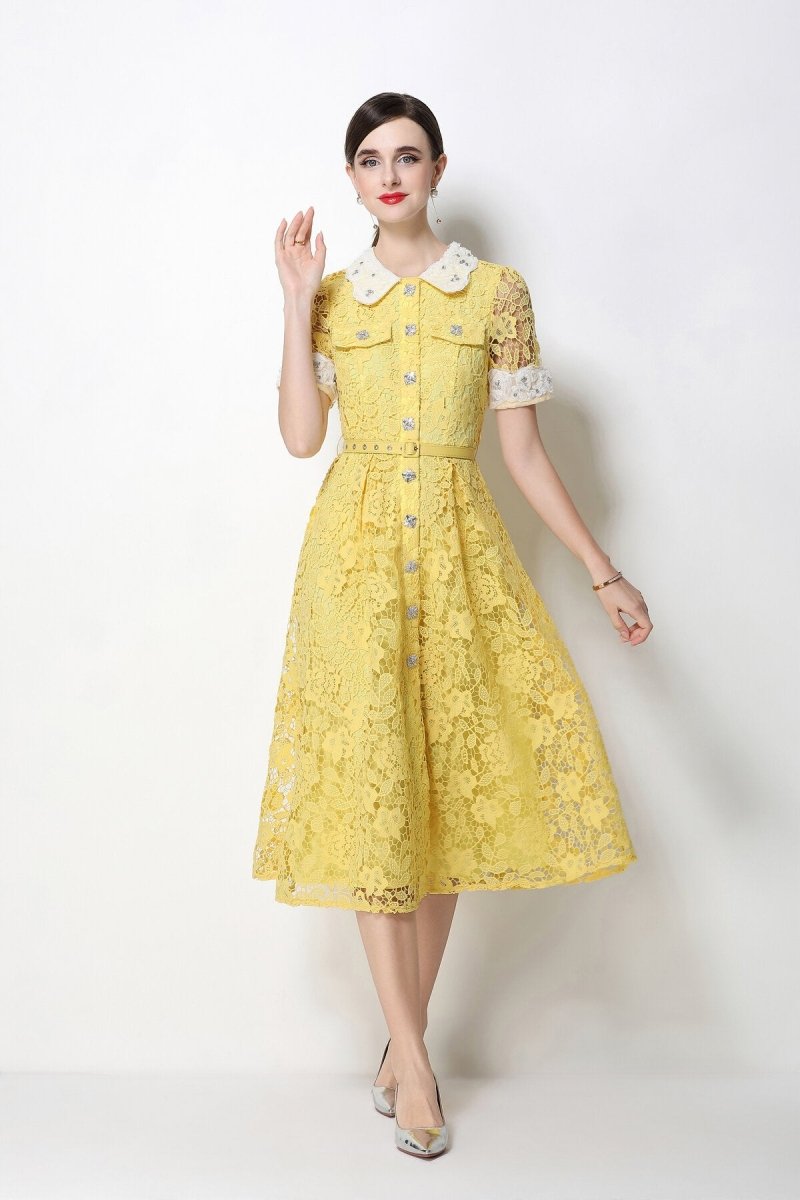 Women's Lace Midi Dress with Peter Pan Collar and Belted Waist-6